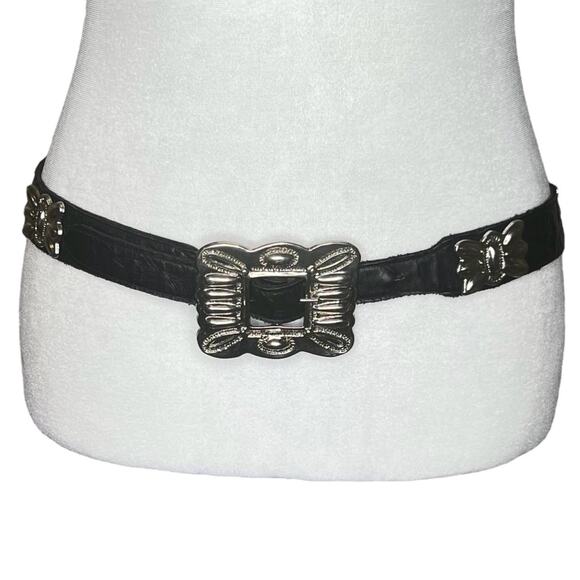 Vintage Black Leather Silvertone Butterfly Concho Belt M/L Ornate Buckle Western main image 4